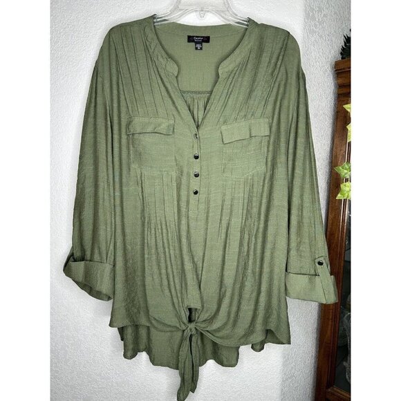 Cocomo Top 3X Green Pintuck Pleat Tie Front 3/4 Roll Tab Lightweight Plus Casual - Picture 1 of 7